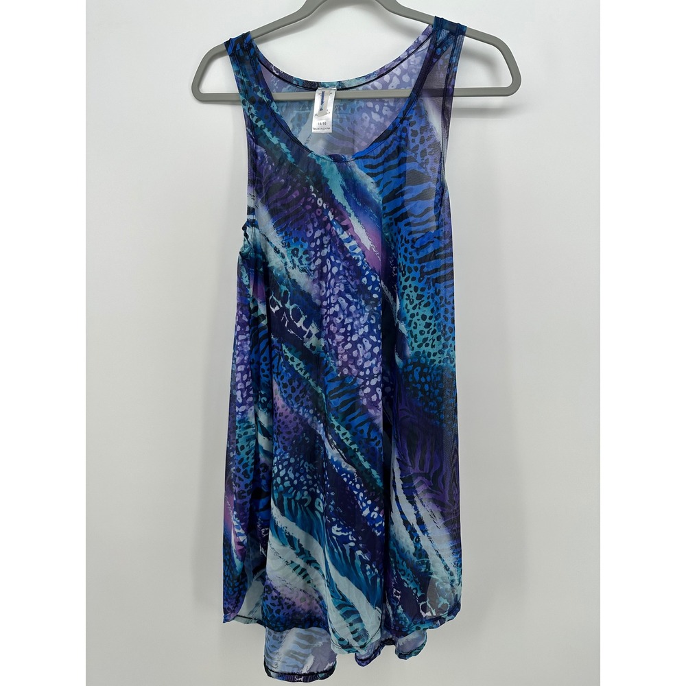 Swimsuits For All Blue Purple Animal Print Mesh Swim Cover Up Tank Top 14/16